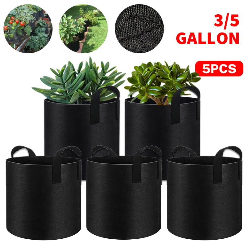 5pcs 3/5 Gallon Grow Bags Gardening Fabric Felt Planter Thickened Non-Woven Vegetable/Flower/Plant Planting Pots with Handles