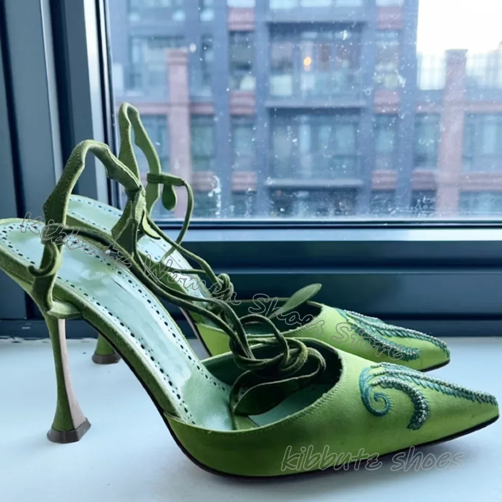 

Satin Pumps Embroidery Solid Color Green Cross Strap Pointed Toe Kitten Heels Fashion Elegant Sexy Concise Women Shoes Newest