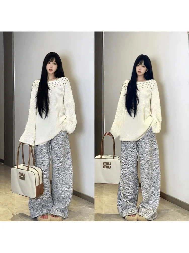 

Korean Sle Soft Hollow out Sweater Set Women's Casual High Waist Pants Slimming Faion Set Not Repeating Autumn Wear