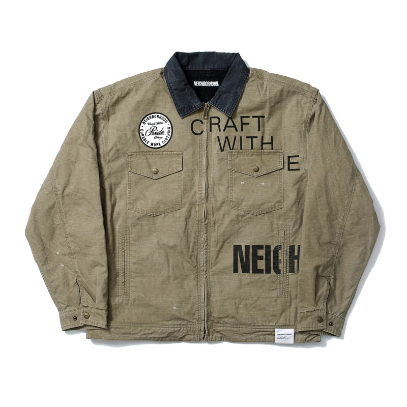 

High Street Fashionable NBHD Jacket Autumn Casual Embroidery Lapel Outerwear Do Old Washed Ripped Hole NBHD Jackets