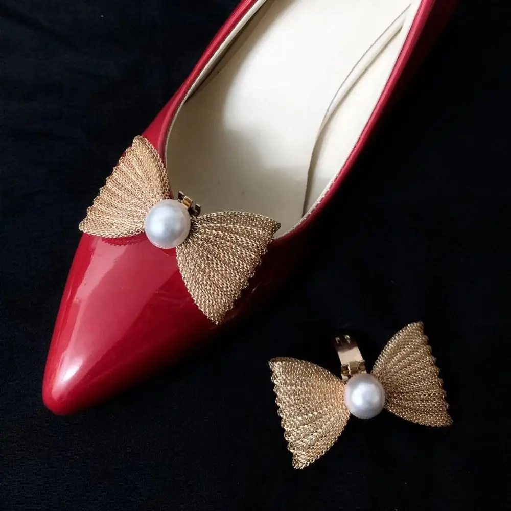

Shiny Bowknot Shoe Clips Metal Removable Bride Shoes Decoration Pearl Rhinestones Charm Buckle for Wedding