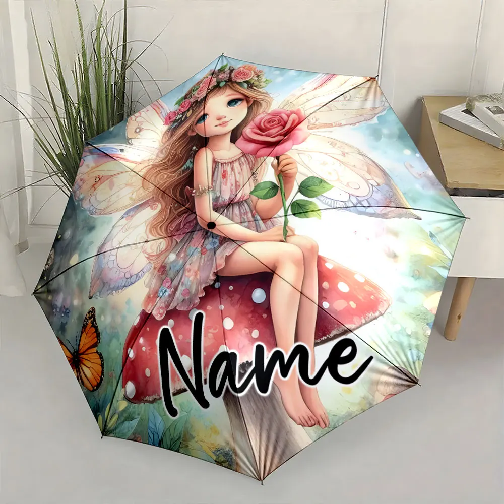Custom Name Fairy-Themed Umbrella with Rose Design Print 8 Iron Ribs Folding Umbrella Auto-Open Fashion Sunshade
