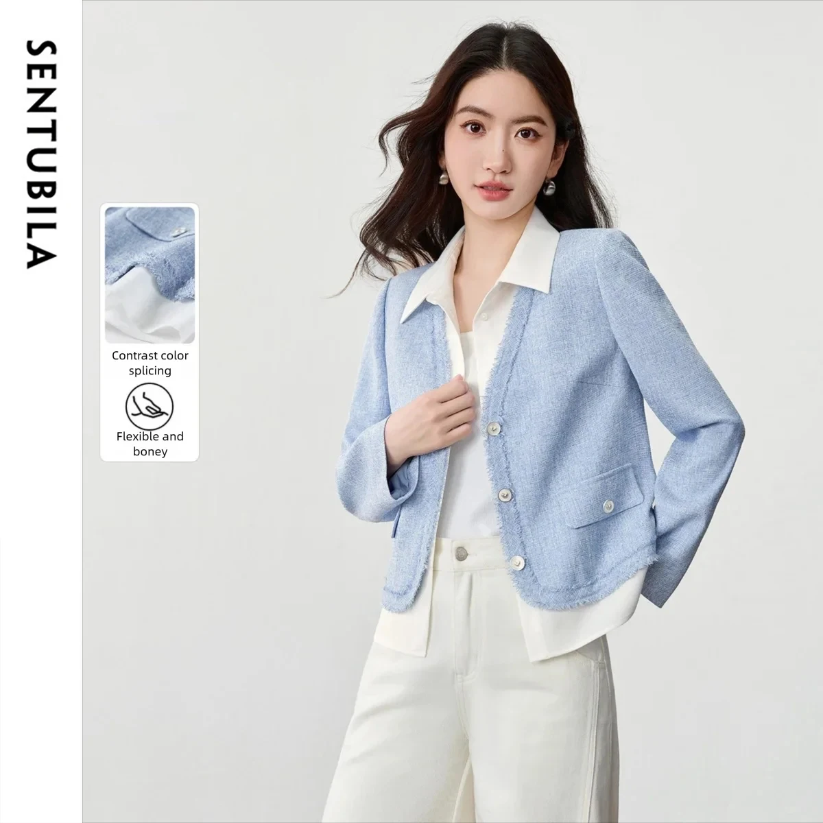 

SENTUBILA Women's Short Coat Color-Block Paneled Mock-Two-Piece Coat 2025 Autumn Elegant Long-sleeve Fringed Jackets 153WA2087