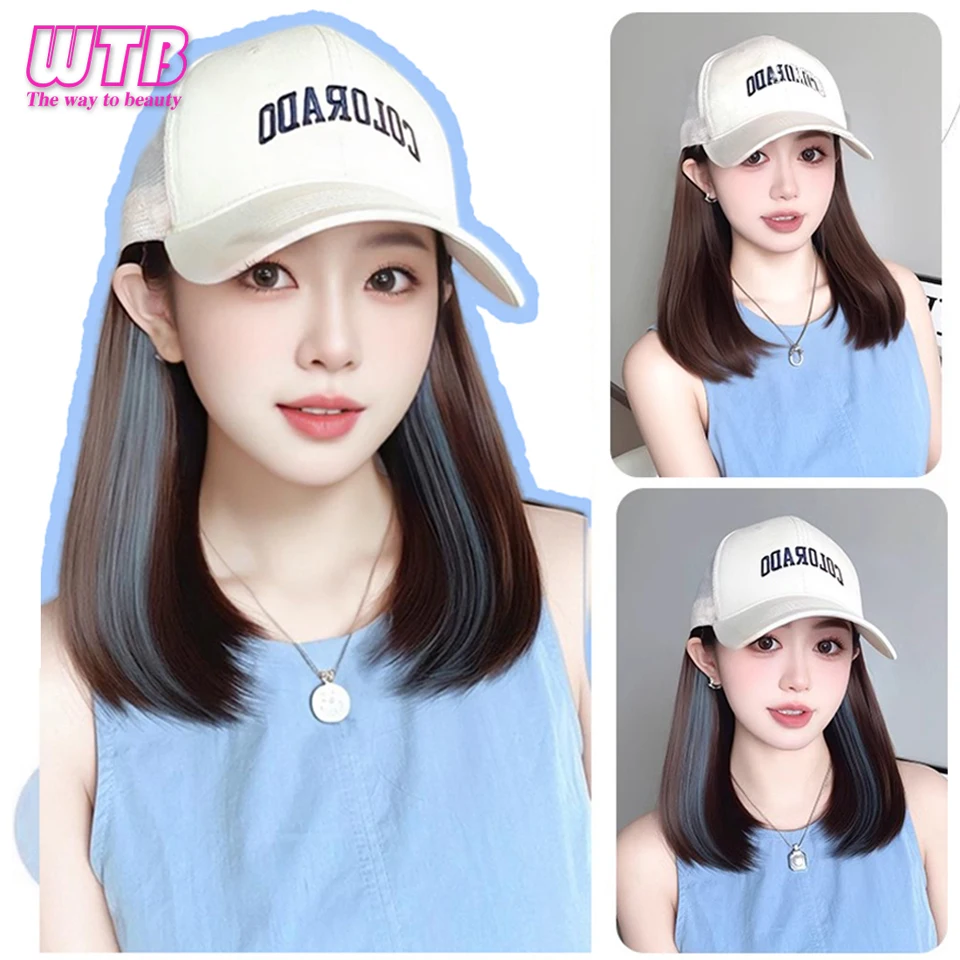 12inch Synthetic Hat Wig for Women Baseball Cap Wig with Straight Hair Extensions Wig Synthetic Wig Hat Adjustable Black Brown