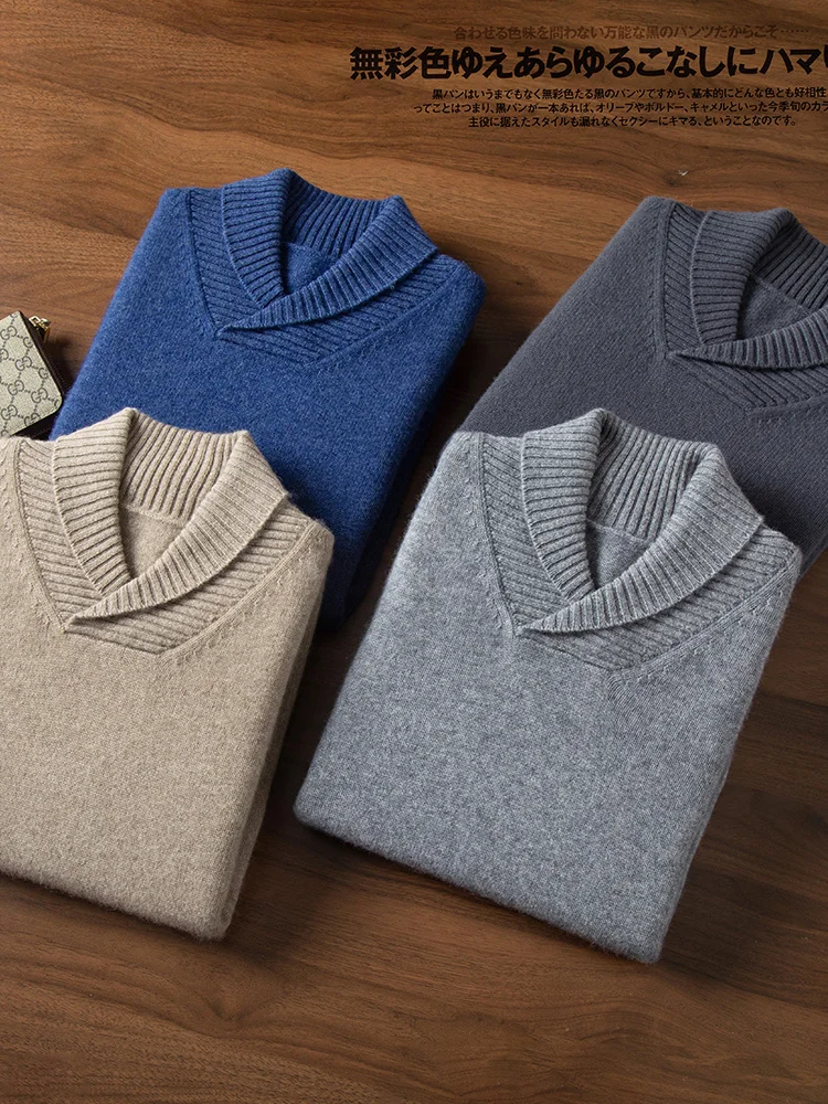 High Quality Men 100% Cashmere Sweater Lapel Collar Smart Casual Pullover Autumn Winter Thick Long Sleeve Cashmere Knitwear Tops