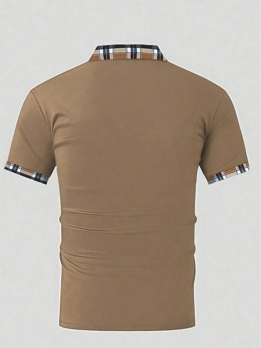 

Mens Solid Color Casual Short Sleeve Shirt With Plaid Collar And Cuffs