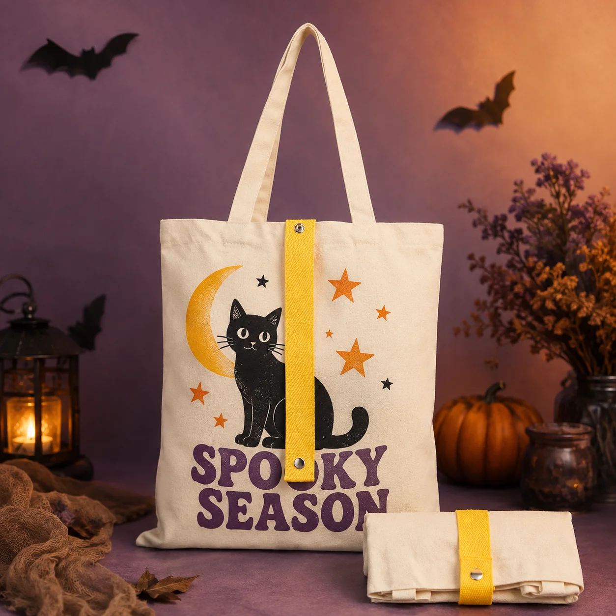 Printed Canvas Bag Black Cat Spider Web Upload Text Logo Image Lightweight Party Favor Bag For Students School Activities