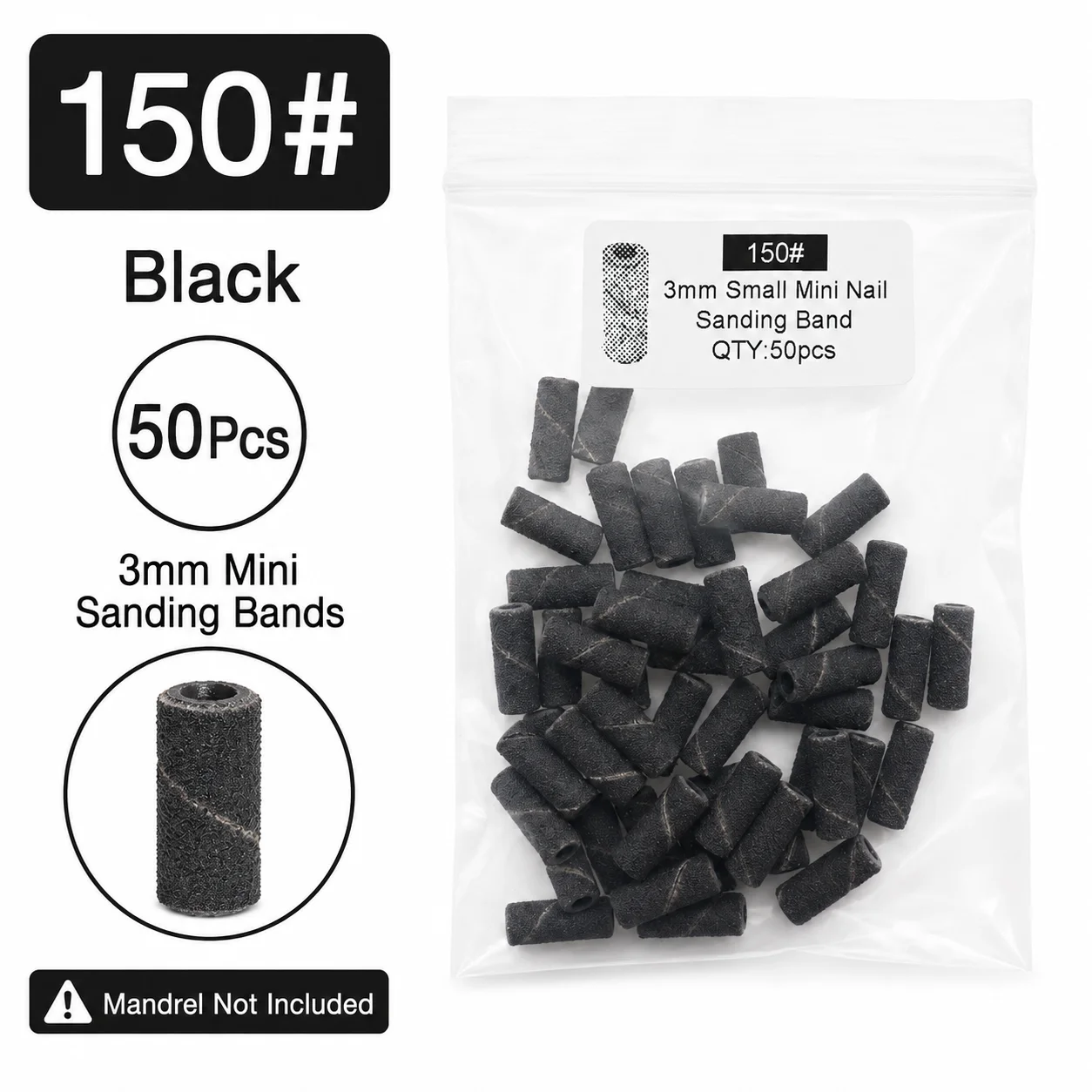 50pcs 3mm Mini Nail Sanding Bands 80/150/180/240 Grit Abrasive Sleeves for Nail Drill, Color Options, No Mandrel