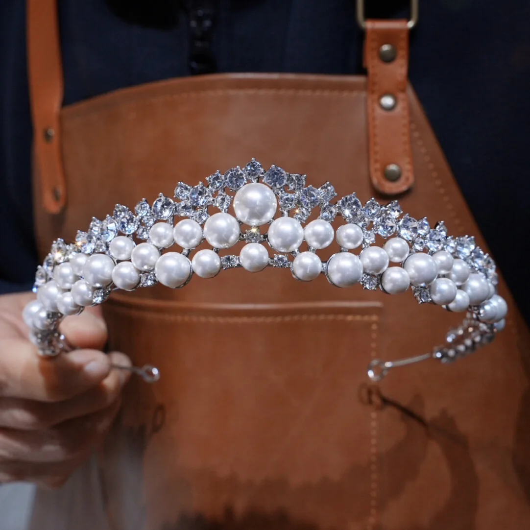 

Корейские свадебные диадемы принцессы с жемчугом и кристаллами циркона, свадебные короны, головной убор, вечернее платье, украшения для волос, ленты для волос для невест