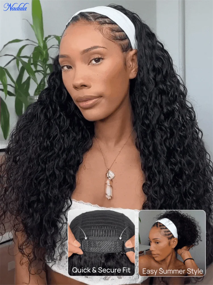 

Парик-повязка на голову Nadula Water Wave из 100% натуральных человеческих волос, готовый к ношению, без клея, с завязками