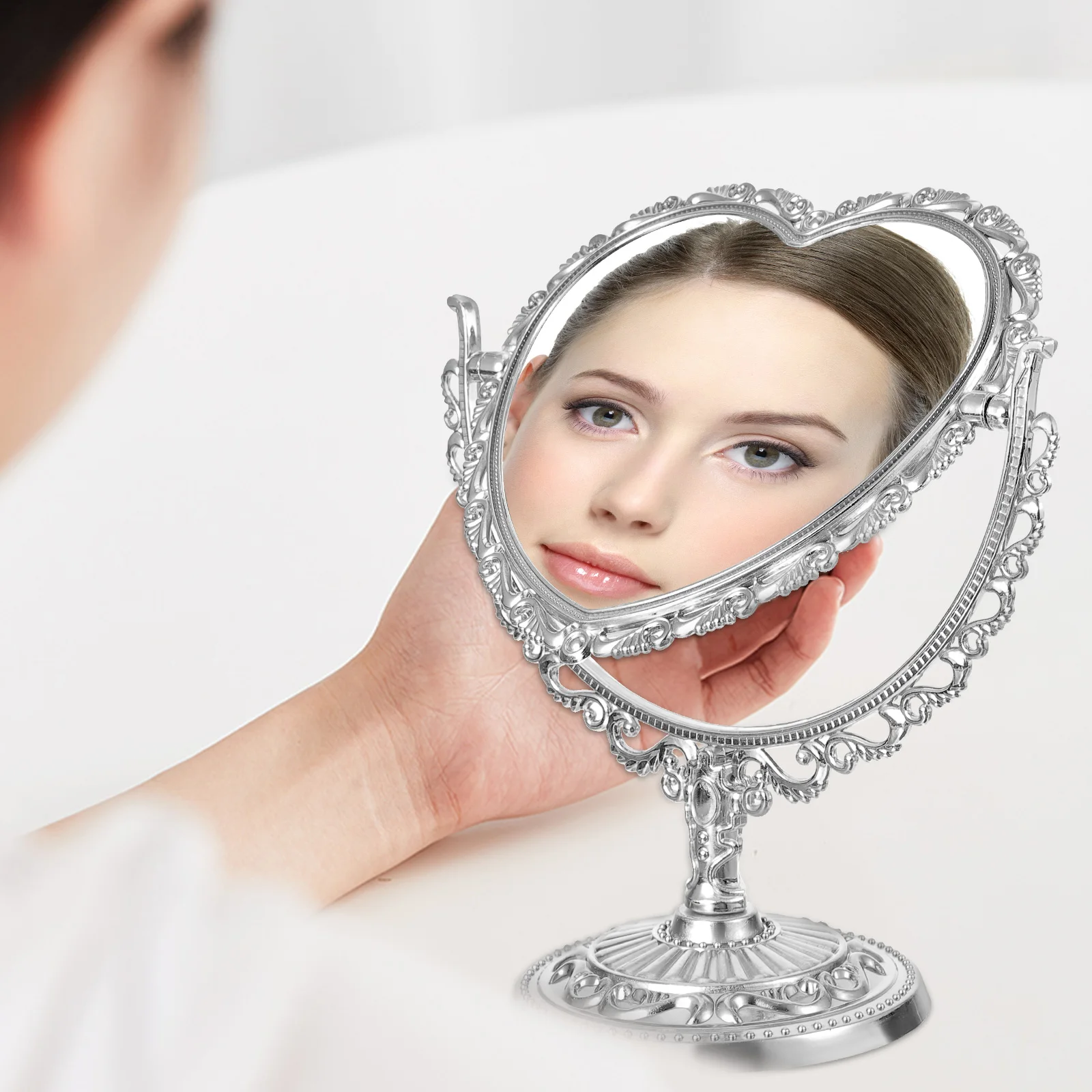 

Peach Heart Makeup Mirror for Women Bedroom Shaped Gold Vanity Desk Dresser Desktop