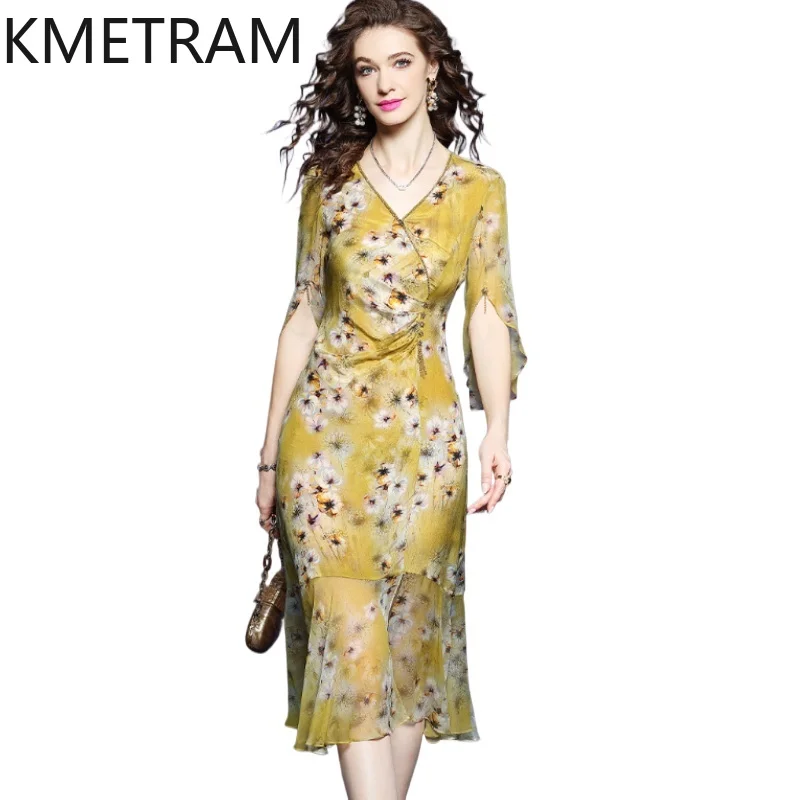 

KMETRAM 100% Mulberry Silk Party Dress Slim Fit V-neck Long Dresses for Women High Quality Summer Frocks Woman Clothes Vestidos