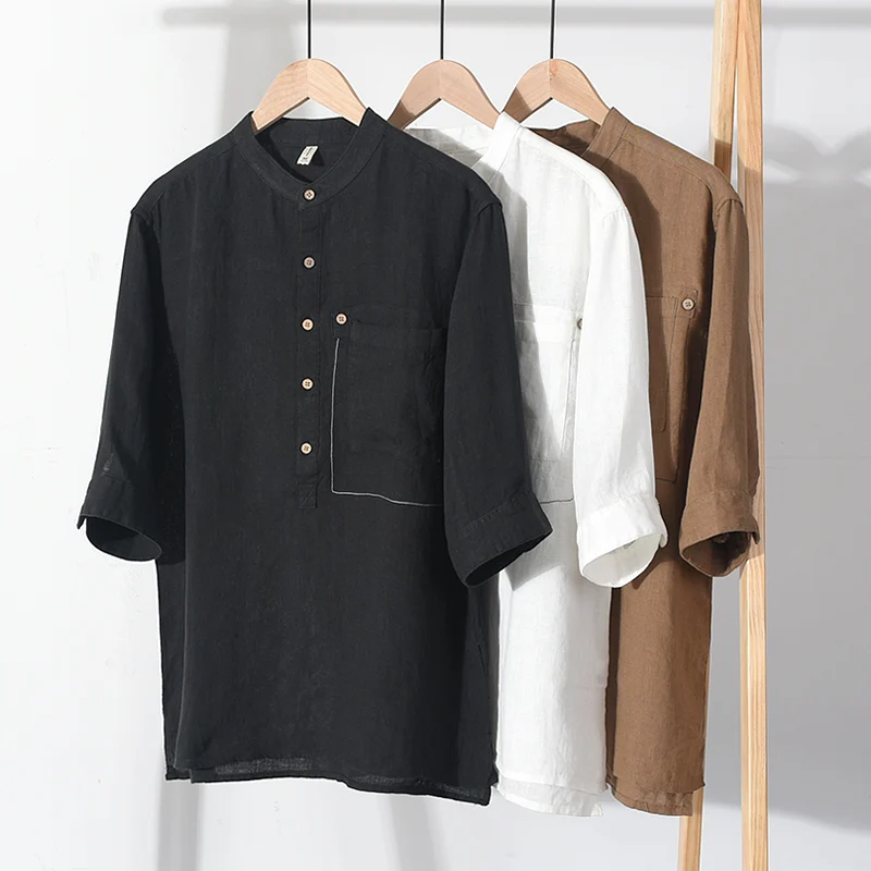 

Natural Linen 100% Pullover Shirts For Men Half Sleeved Loose Fit Summer Quality Designer Casual Solid Premium Camisas De Hombre