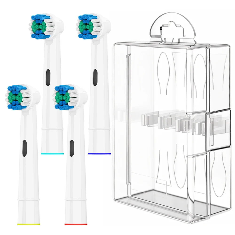 

4 сменные насадки для зубных щеток и прозрачный дорожный футляр для насадок, совместимые с электрическими зубными щетками Oral B, для моделей Pro 1000/500/1500