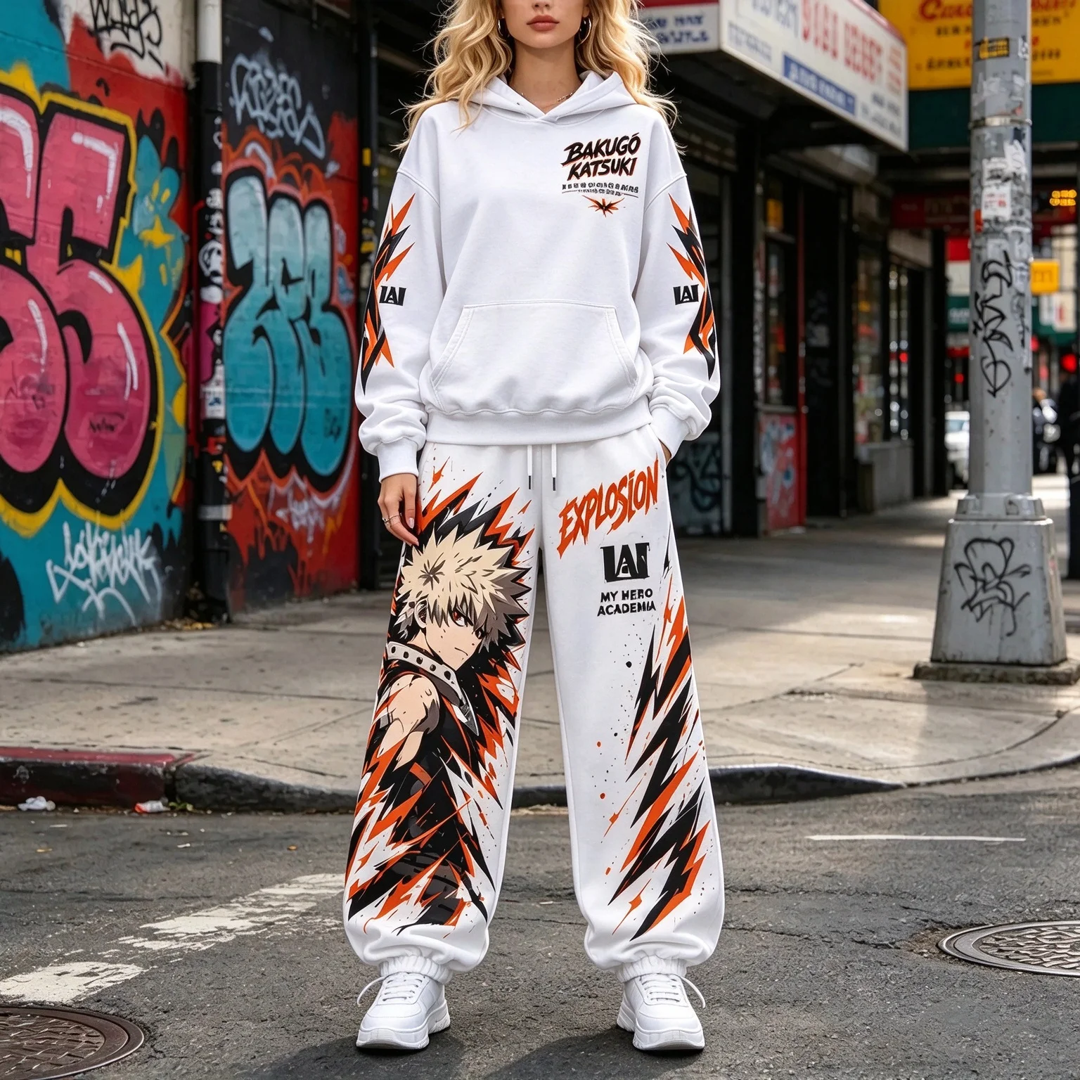 Trendy Unisex Hoodie Anime Print Tracksuit Bakugo Katsuki Fleece Matching Set Ideal For Night Out And Casual Street Style Looks