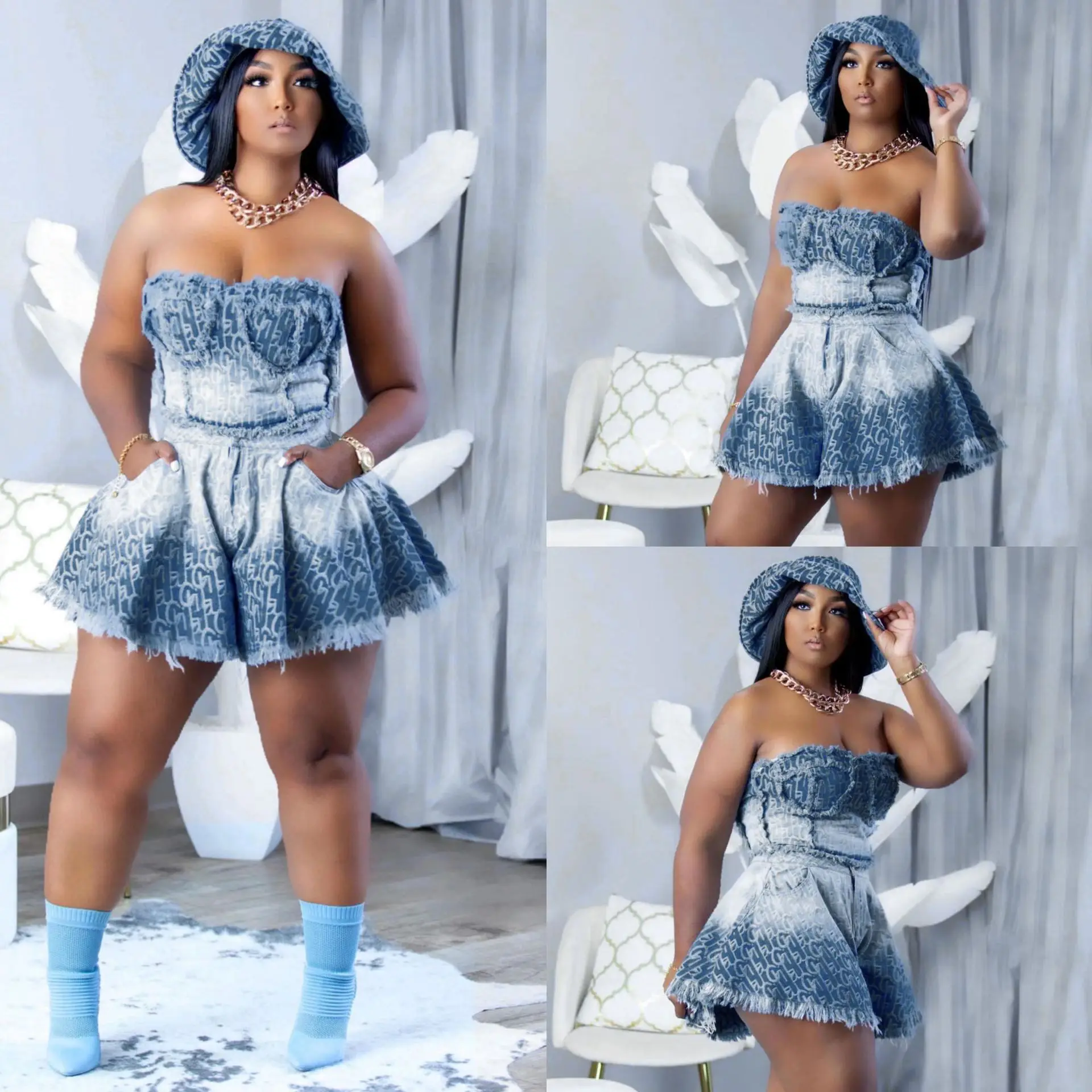 

Denim Women Skirts Suit Sexy Strapless Short Tops Print Ensemble Backless Pockets Hem Skirt Female Streetwear 2 Piece Sets