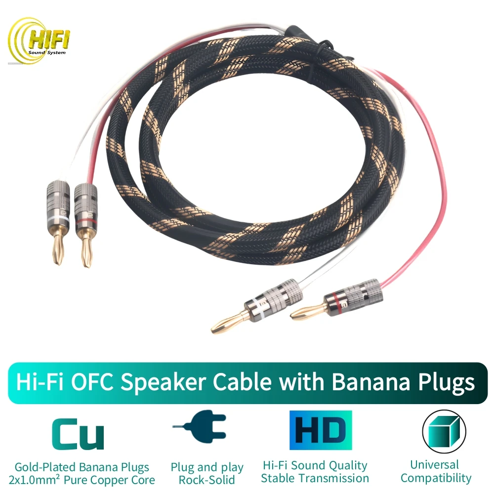 HiFi Speaker Cable 2x1.0mm² OFC Copper, Gold Plated Banana Plug Audio Wire Low Resistance For Amplifier Passive Speakers
