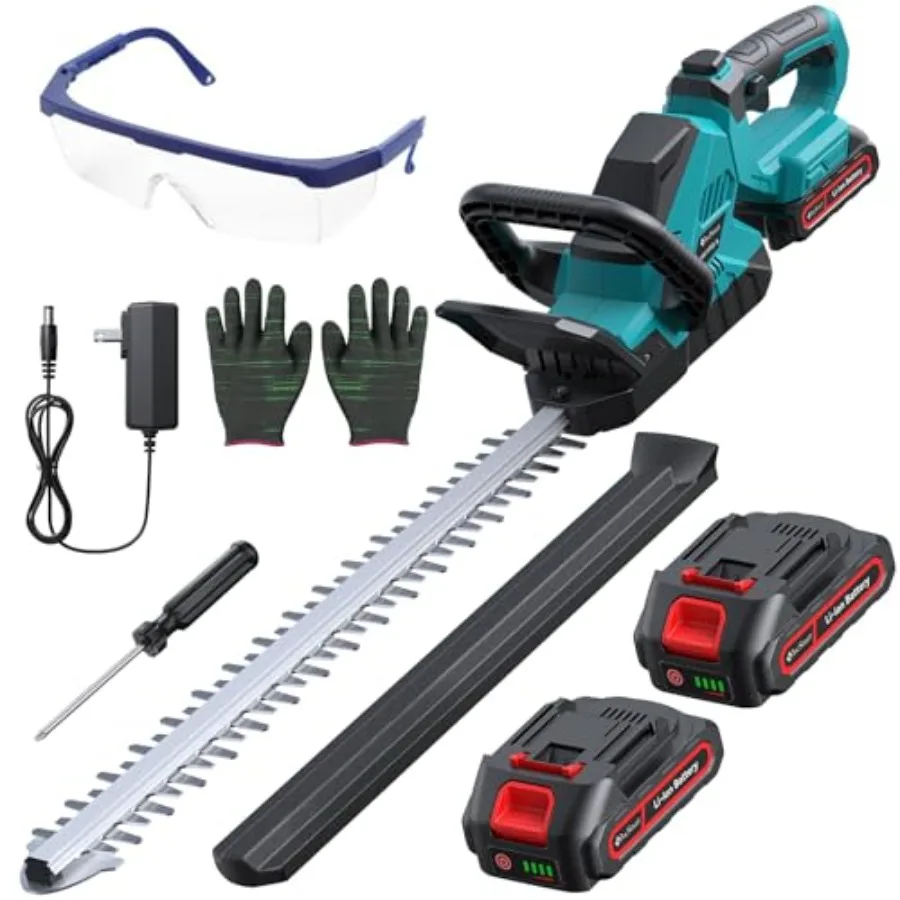 20'' Cordless Hedge Trimmer with Battery Electric Handheld Bush Clipper 3000RPM 180 Rotatable Head 2/3'' Blade Gap 2 Pack Recha