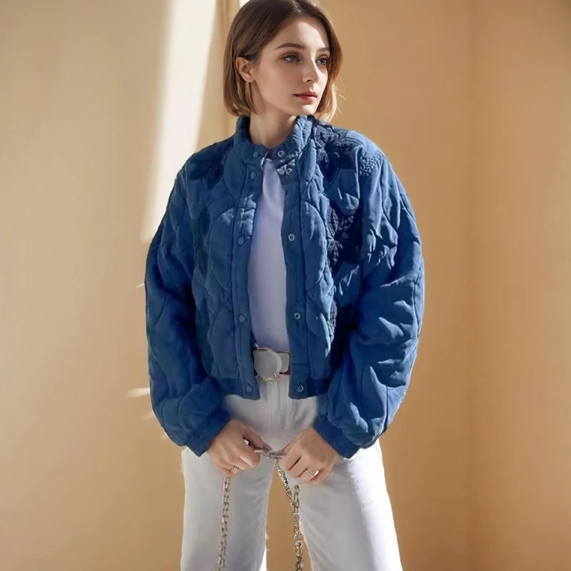 Embroidered Padded Coat Stand Collar Single Breasted Long Sleeve Winter Warm Quilted Jacket Loose Fit Trendy Women's Cozy Coats
