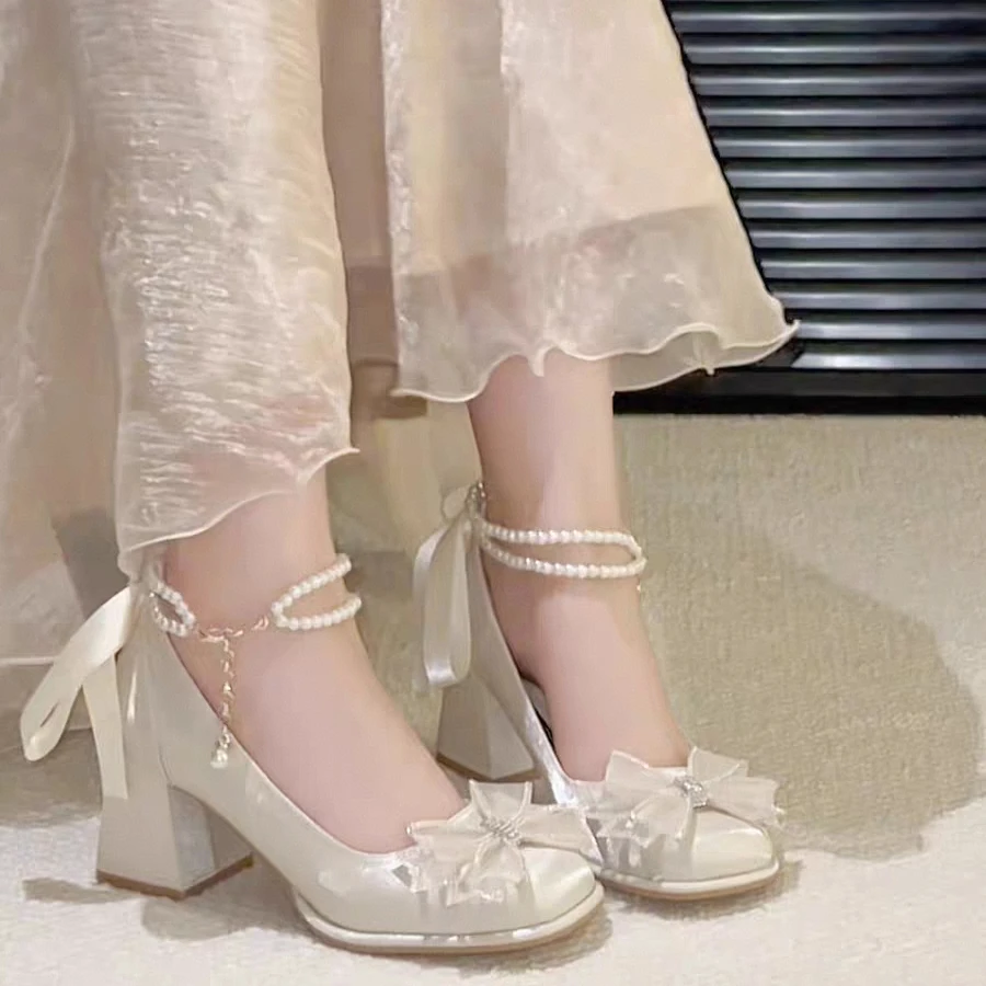 Bow Block Heel Single Shoes Autumn New Square Toe Shallow Mouth Beaded One Strap Anti-Slip Wear-Resistant High Heels