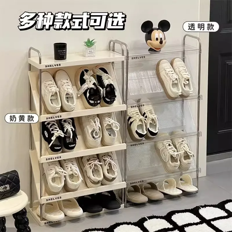 超薄型家庭用シンプル多層斜め収納シューズキャビネット多機能ステンレス製透明シューズラック