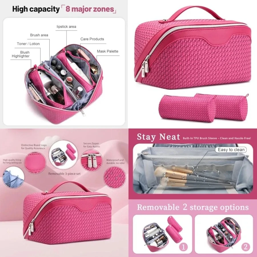 

Travel Makeup Bags for Women: Large Capacity Make up Bag with Wide Opening - 3 Pcs Set Waterproof Travel Toiletry Organizer for Full-Sized Bottles, Cosmetics & Brushes (Plum-W)