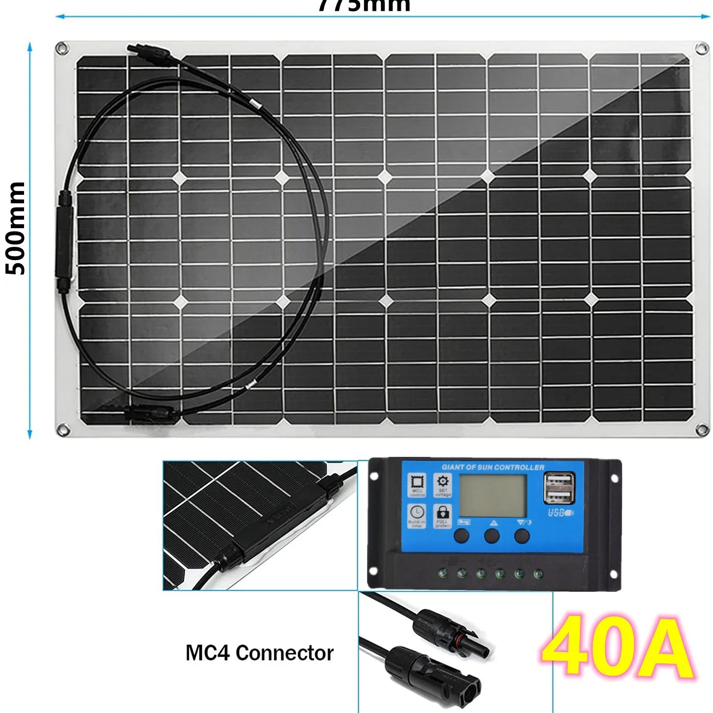 Semi-flexível Célula Solar, Carregador de Bateria Impermeável, Cabo DIY, Adequado Para Carros, RVs, Iates, Jardins de Telhado, DIY, 300W, 18V, 40A