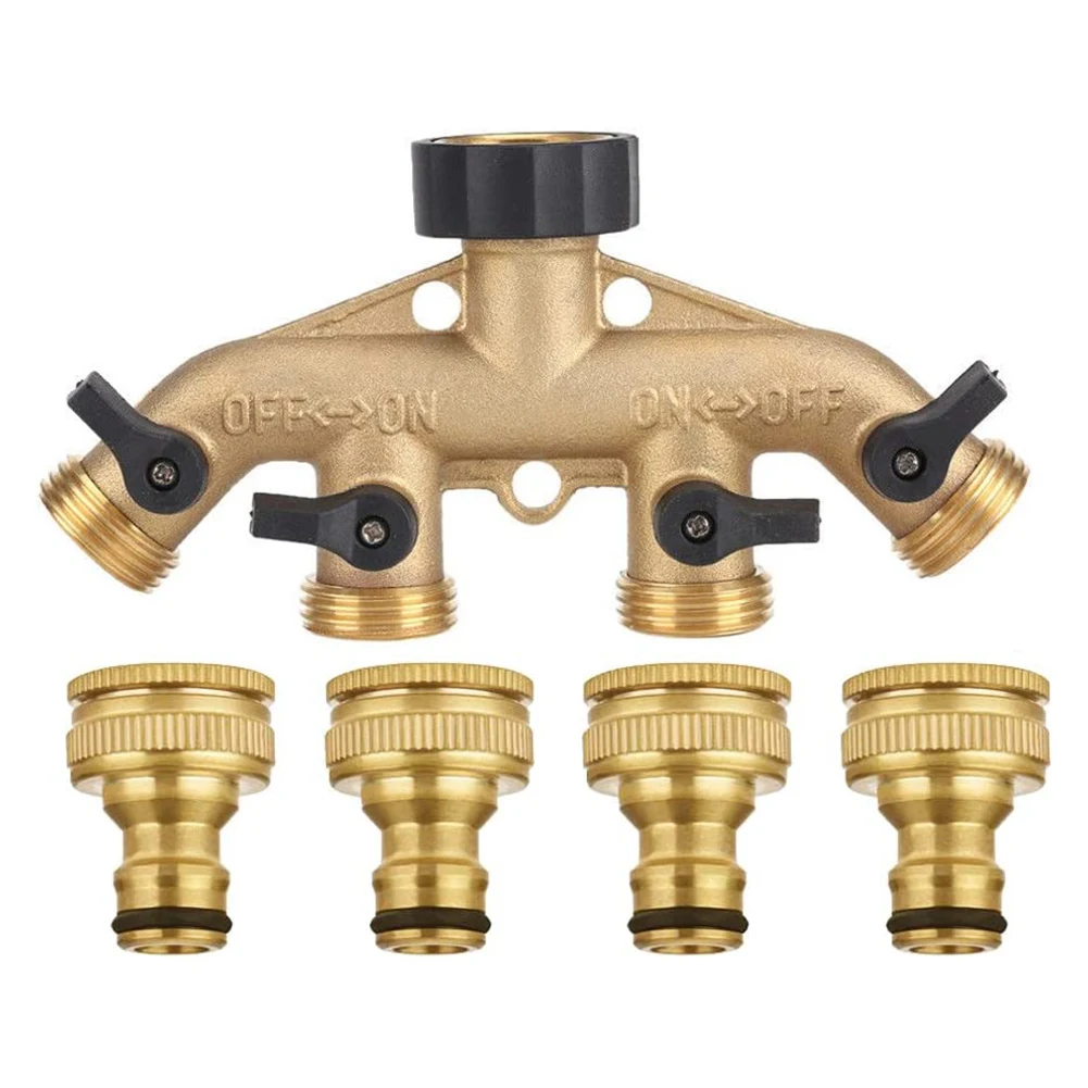 

4 Way Solid Brass Hose Splitter Connector With Shut Off Valves 3/4inch Garden Water Connectors Hose Splitters Accessories