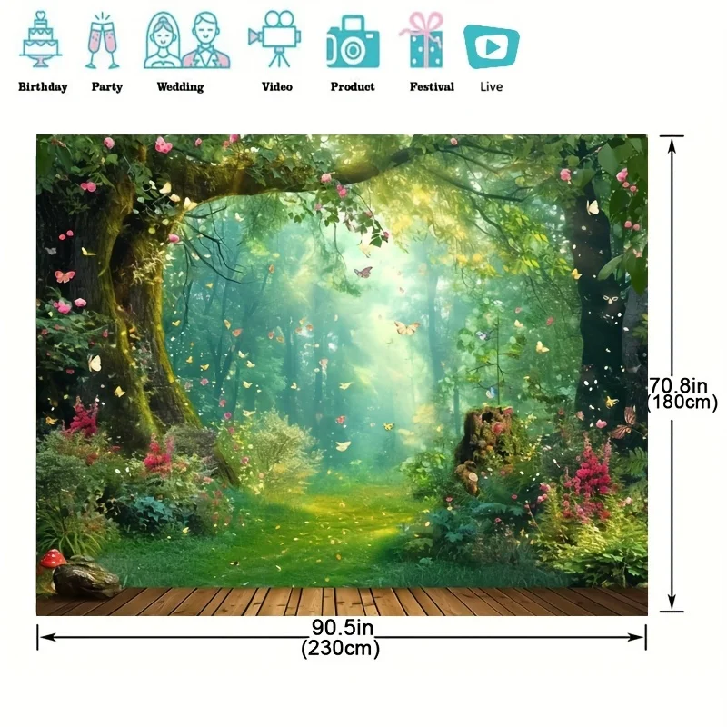 Fairy tale fairyland mushroom flower butterfly background, party decoration portrait banner, photo booth props