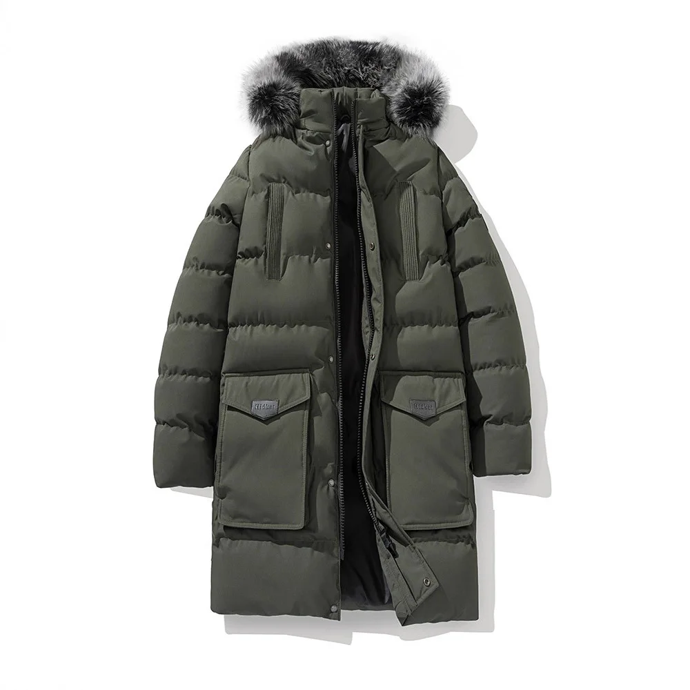 Winter Jacket Men Coat New Hooded Parkas Medium and Long Korean Version Thickened Warm Large Fur Collar Cotton-padded Jacket
