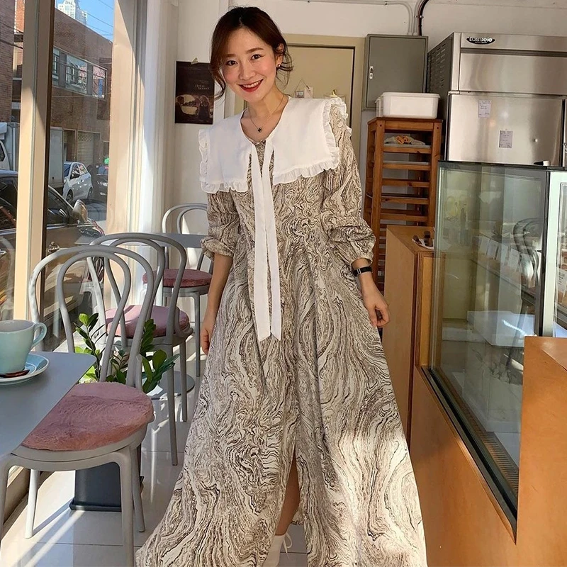 Chic Retro Large Collar Floral Print Bubble Sve Long Dr Loose Fit Splice Texture High Waist Skirt Sle Women's Dr