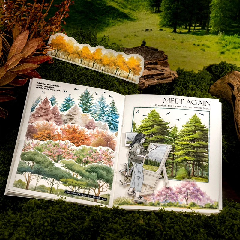 Journal GO 20pcs Aesthetic Forest Stickers for Scrapbooking Journal Diary Landscaping Tree in Line Sticker Stationery