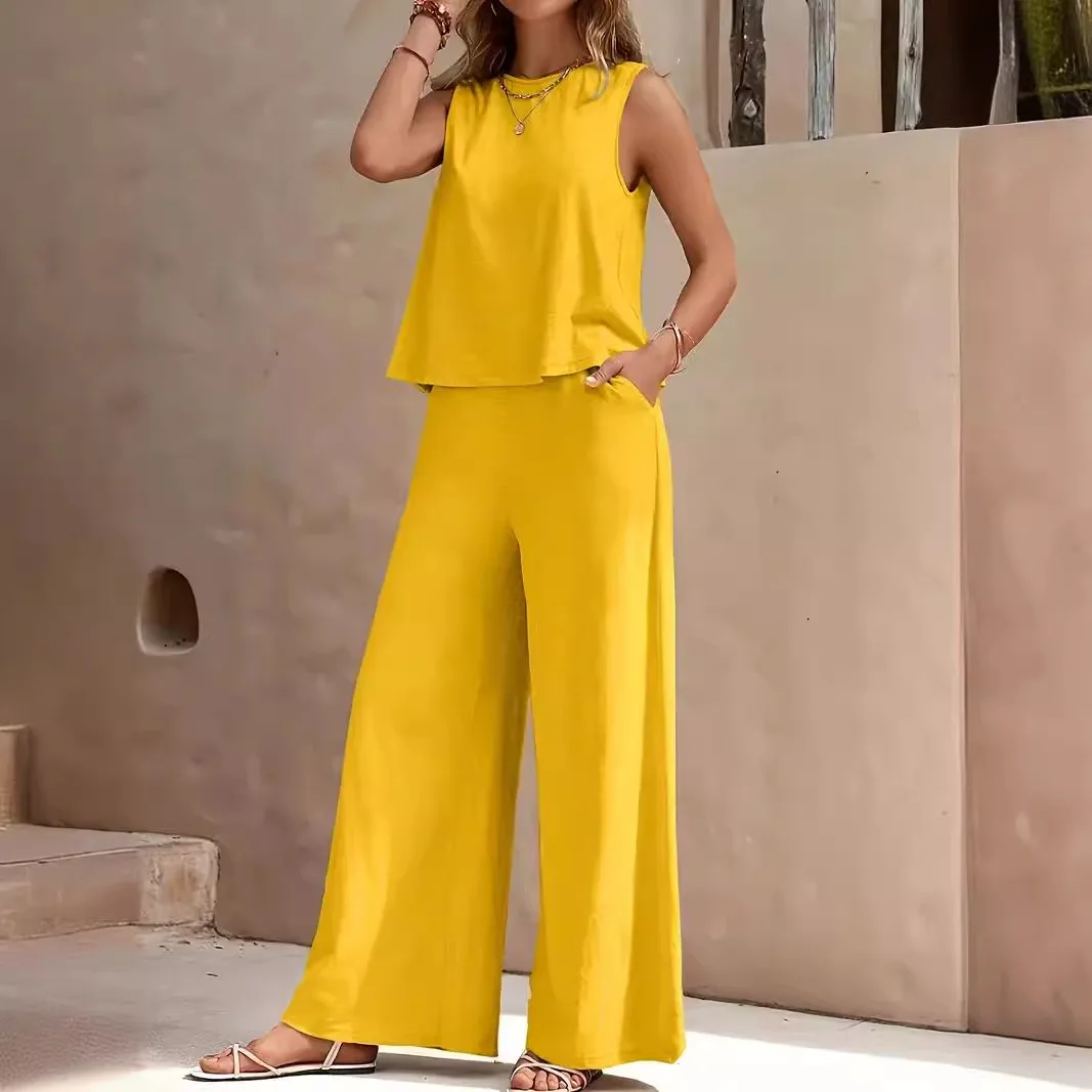 

2025 New Solid Color Elegant Two-piece Round Neck Vest and Wide-leg Pants Suit for Women Ensemble Femme 2 Pièces