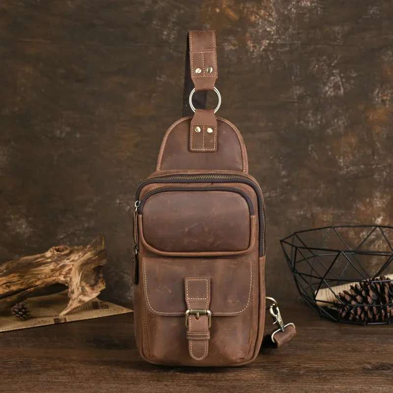 Vintage Genuine Leather Men's Chest Bag Cowhide Shoulder Messenger Large Capacity Male Crossbody Casual Sling