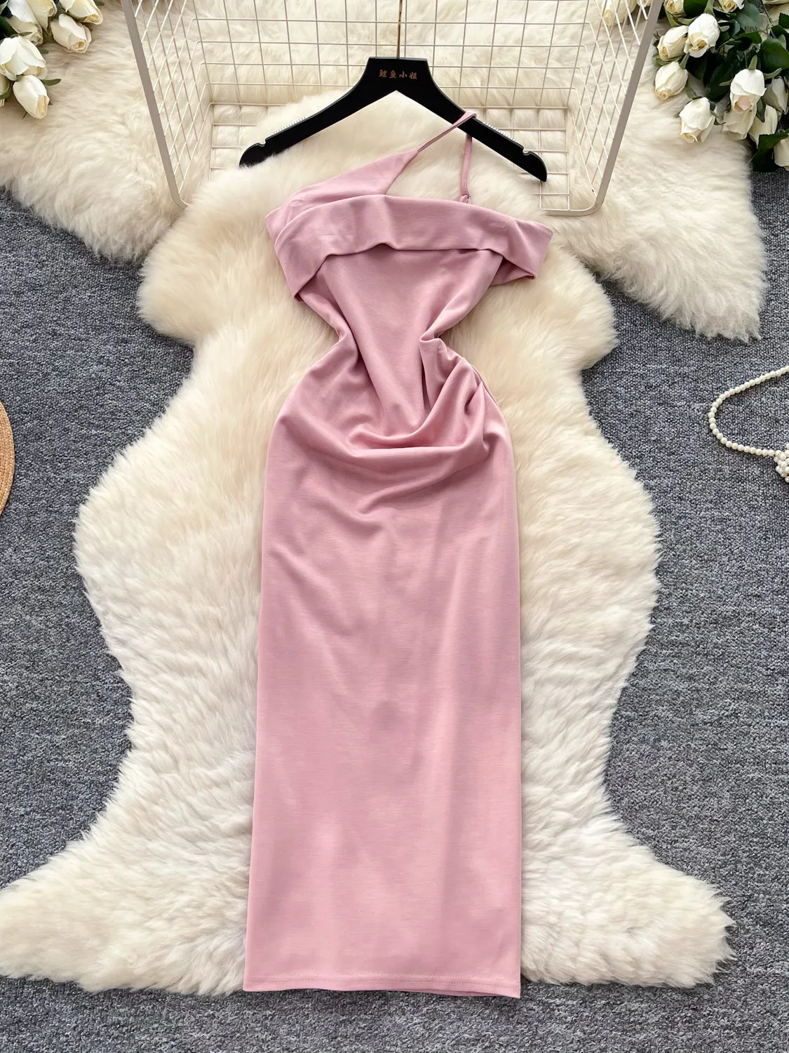 Women Pink Halter Cami Dress Sleeveless One Shoulder Party Dress Vintage Elegant Luxury Evening Long Dress for Women Summer 2026