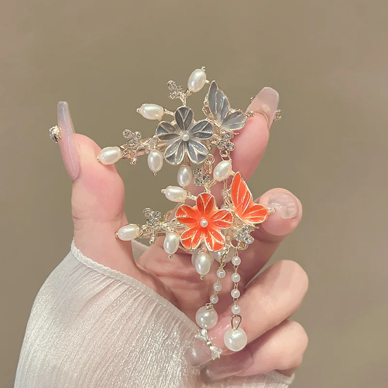 

Antique Style Camellia Painted Tassel Hair Clip, Vintage Exquisite Flower Pearl Border Clip Hanfu Qipao Hair Clip Headpiece