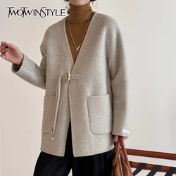 TWOTWINSTYLE Solid Patchwork Horn Button Coats For Women V Neck Long Sleeve Spliced Pocket Loose Casual Jacket Female Fashion