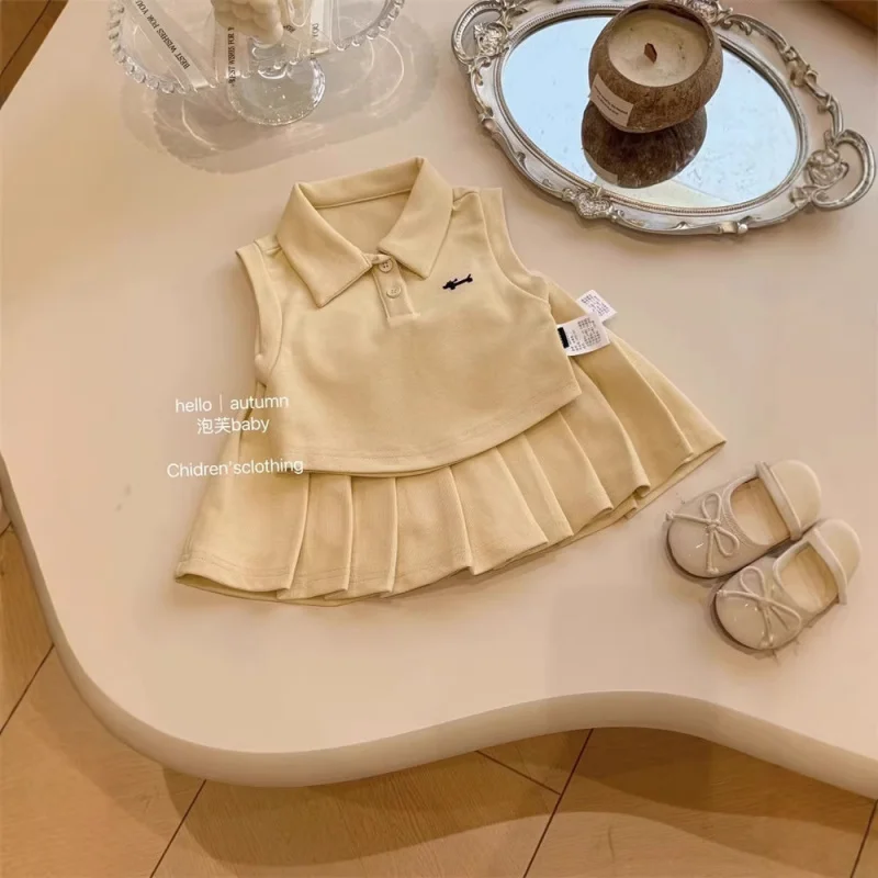

BabypoloCollared College-Style Summer Outfit for Girls: Vest Top and Pleated Skirt, Sporty Casual Two-Piece Set