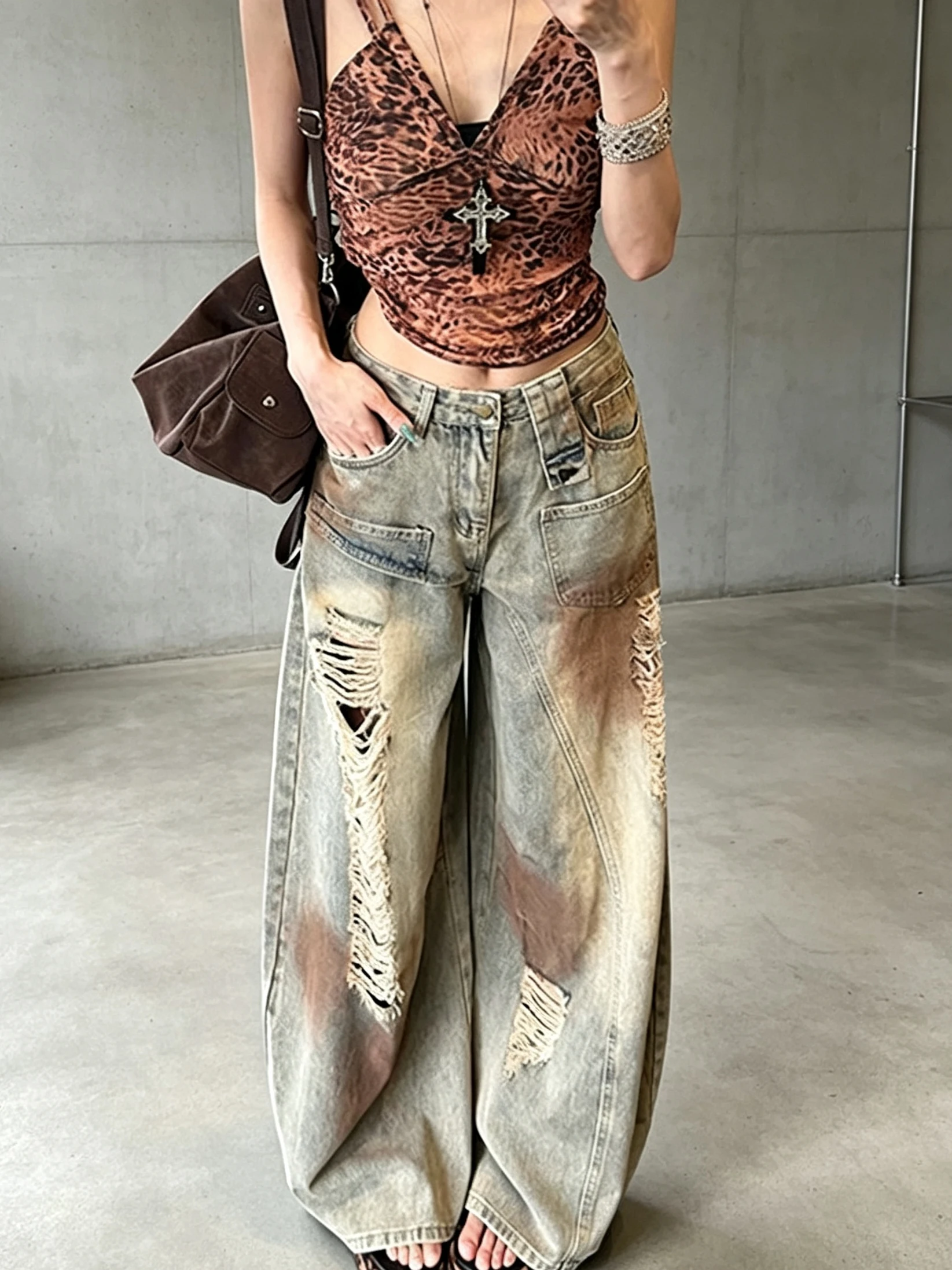 American Style Vintage High Street Faded Denim Jeans Women's Loose Slimming Floor-Length Pants Autumn New Style Worn out