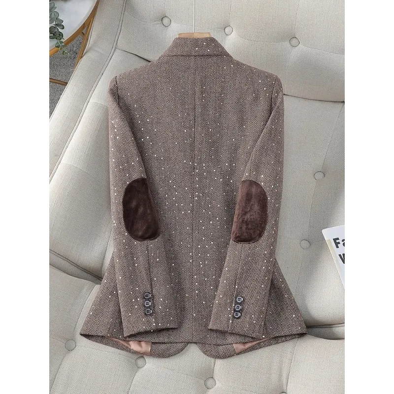 Traje de espiga para mujer, chaqueta informal de una sola botonadura, de manga larga, color gris y café, para otoño, 1 pieza