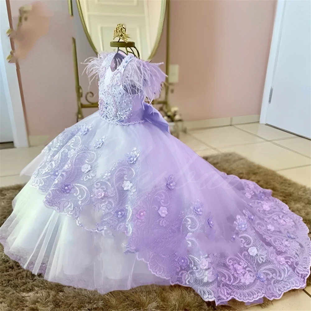 

Lilac Feathers Flower Girl Dress Applique For Wedding Puffy Lace With Bow Princess Beauty Pageant First Communion Ball Gowns