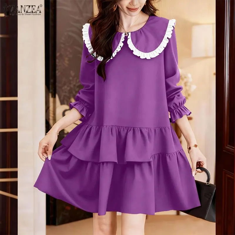 

Элегантные платья с рюшами 2026 ZANZEA: Весеннее женское платье с длинным рукавом, стильное, для праздников и вечеринок, длиной до колена, повседневное, для работы, сарафан