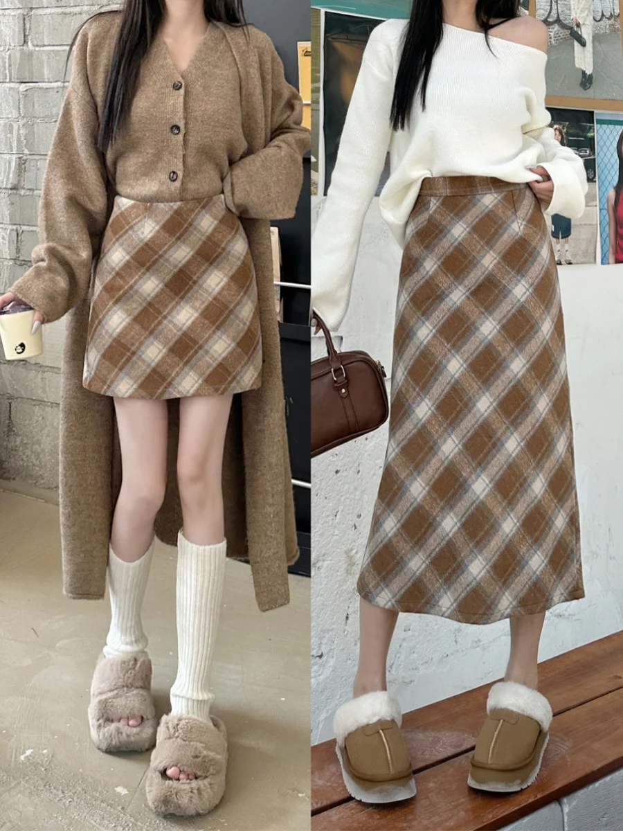 

High Waist Plaid Woolen Skirt for Women Champagne Color Slimming A-Line ort Skirt Autumn Winter Faion plus Size