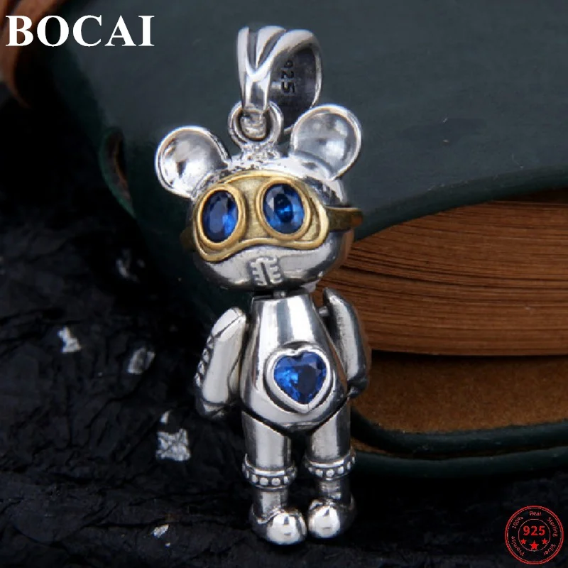 

BOCAI S925 Sterling Silver Charm Pendant Blue Zircon Bear Airman Rotatable Limbs Pure Argentum Hanging Jewelry for Men and Women