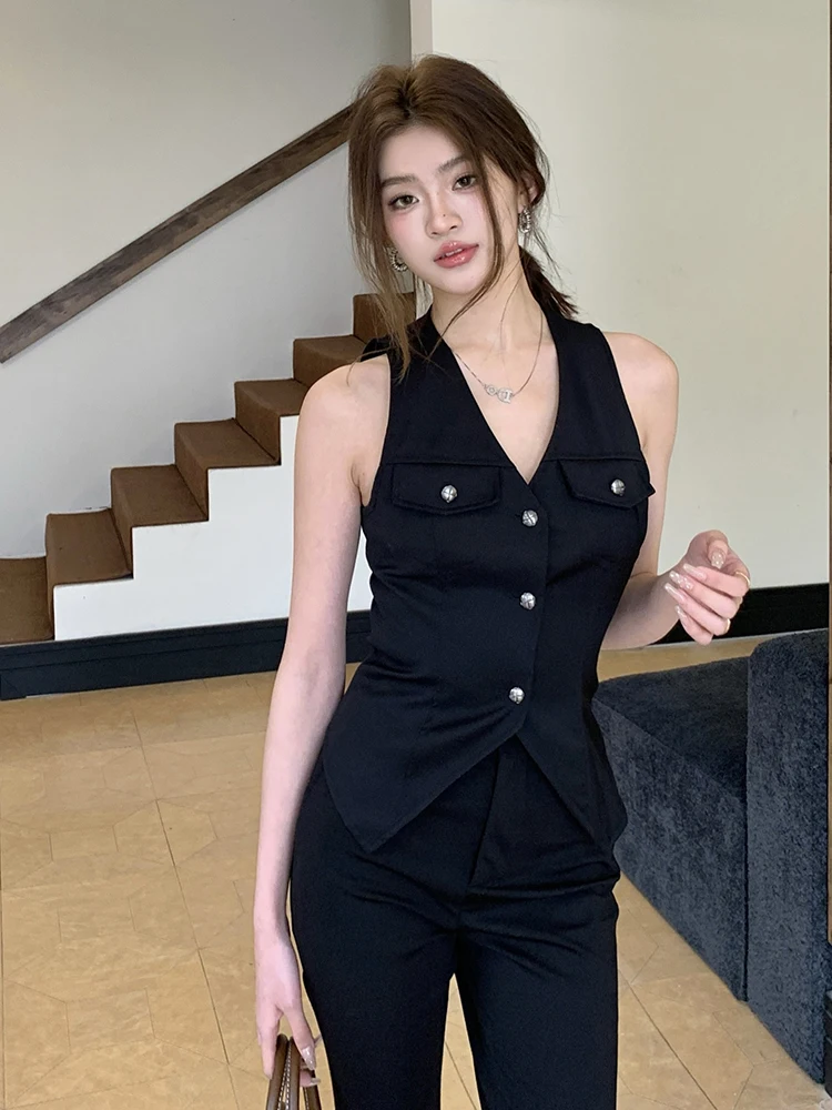 

Korean Fashion Design Sense Sleeveless Vest for Women's 2024 Summer New Suit Vest Casual V-neck Waist Up Top Female Clothing