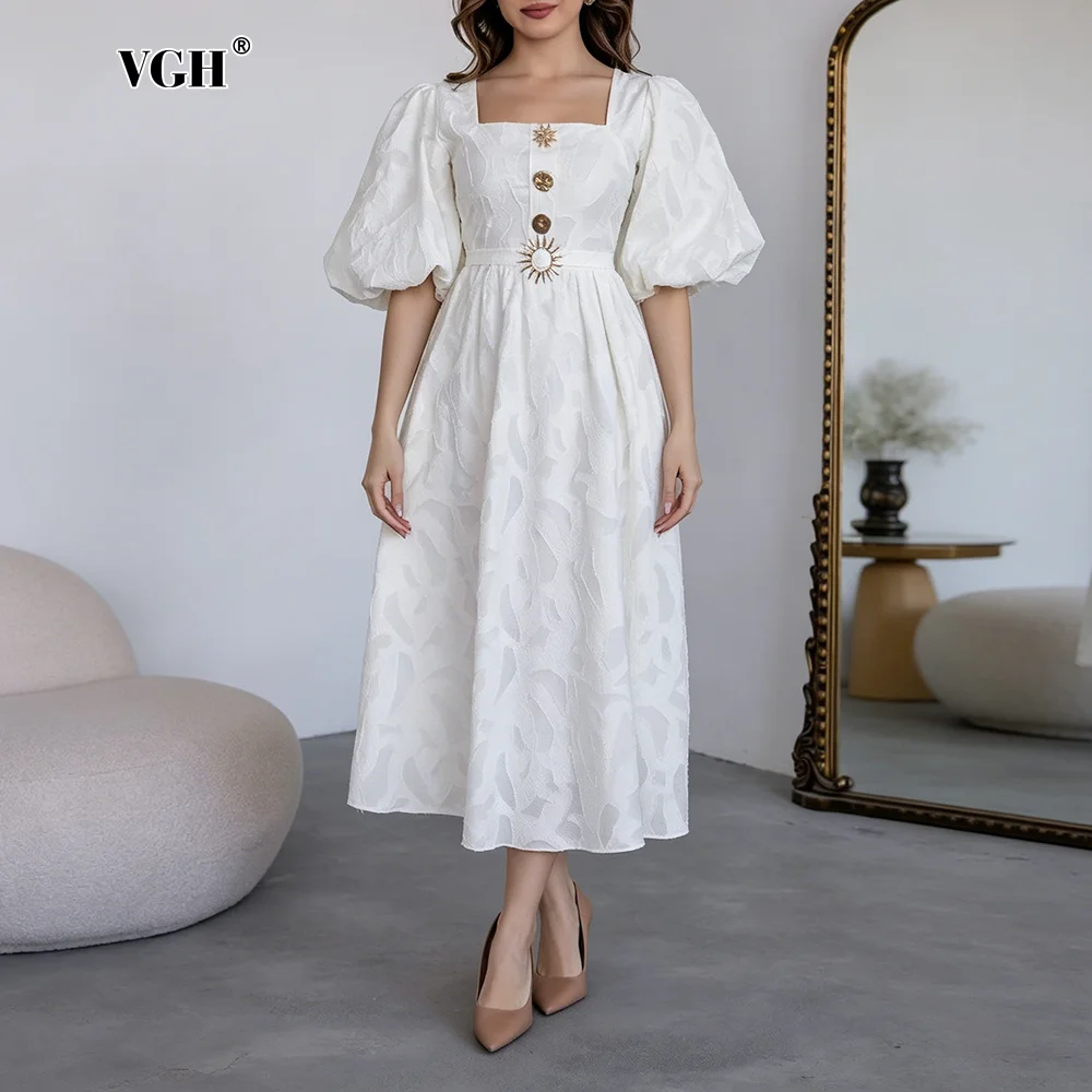 

VGH Elegant Formal Occasions White Textured Dress for Women Square Collar Puff Sleeve with Gold Buttons Skirt for Wedding Guests