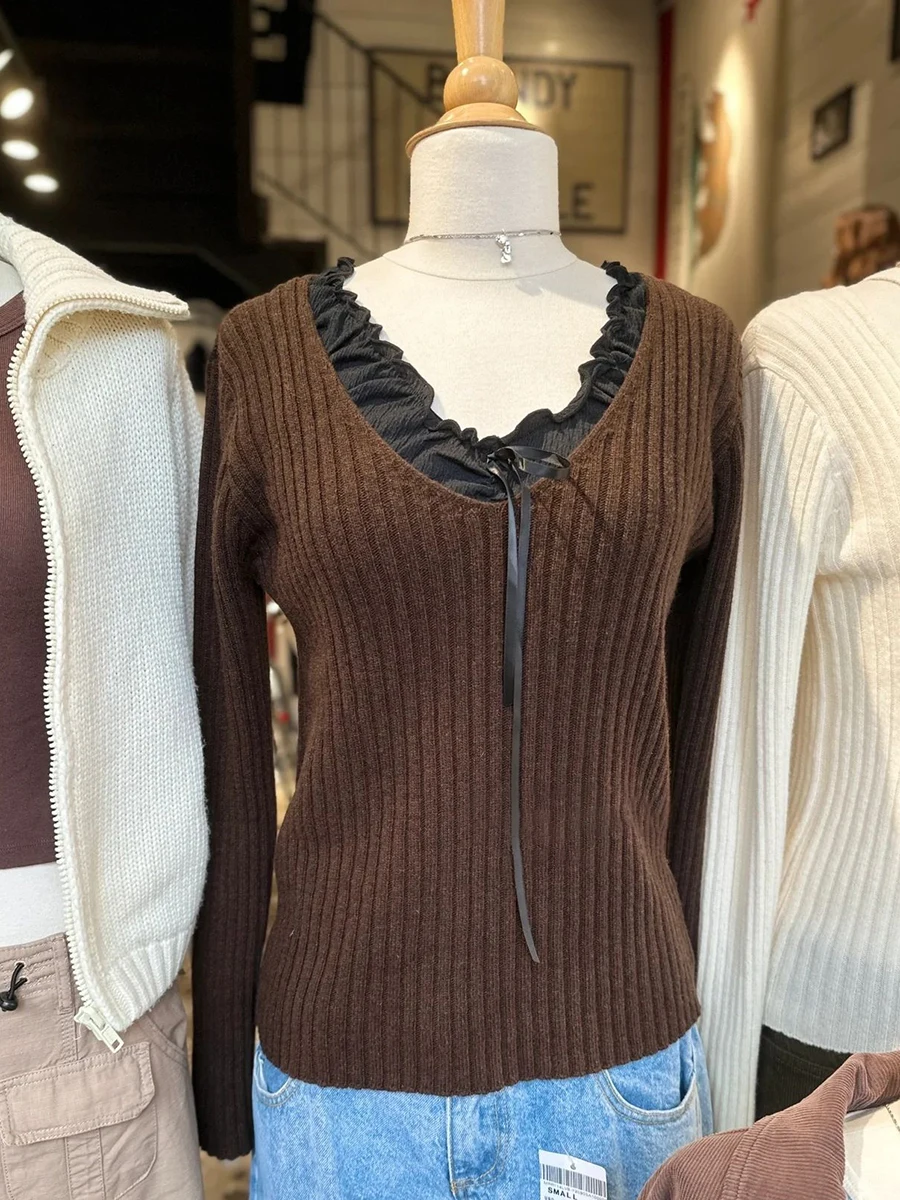 

American Vintage Brown Sweater Woman Autumn V-neck Long Sleeve Slim Jumper Fashion Streetwear Preppy Style Cotton Sweaters Y2k