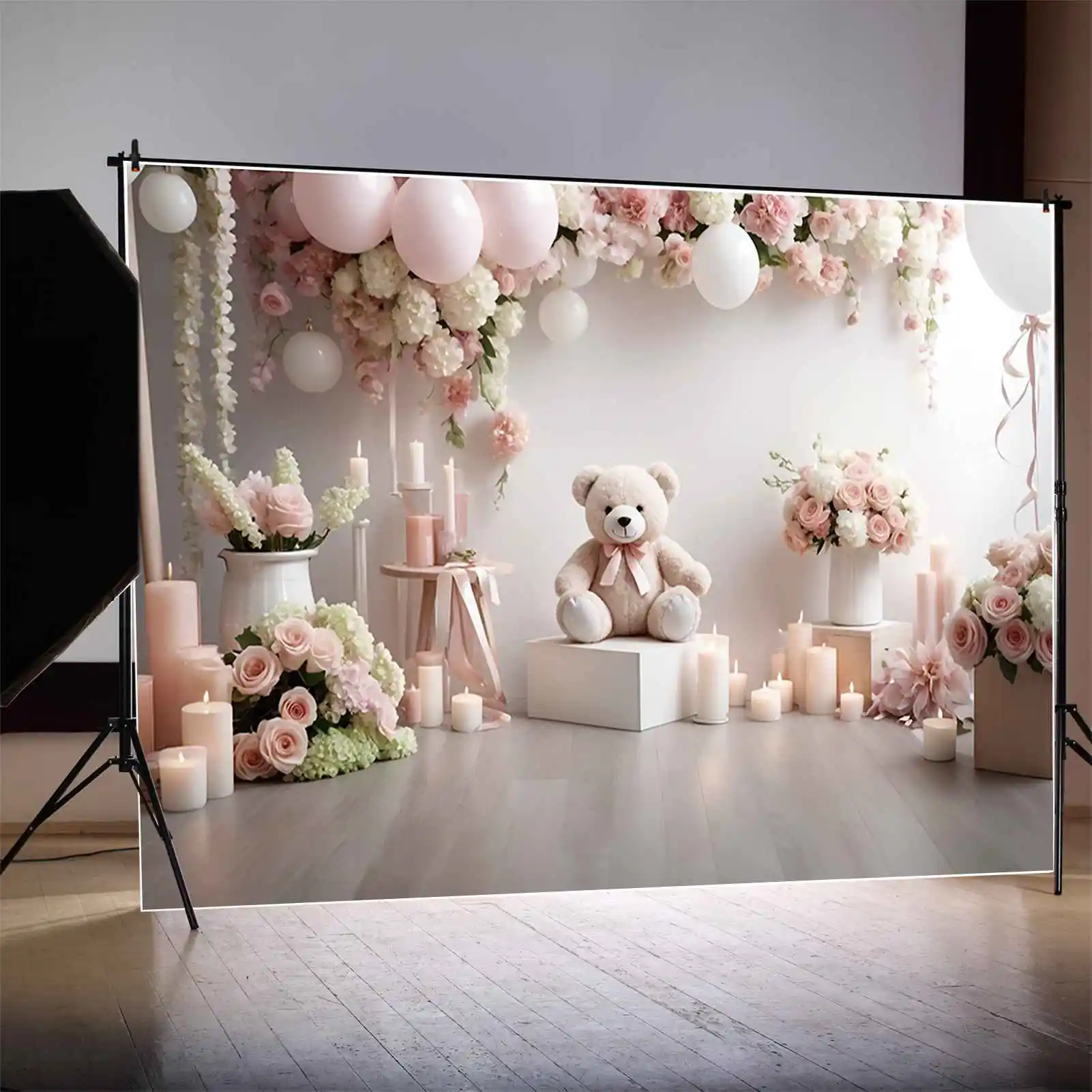 Moon. qg Indoor weiß rosa ersten Geburtstag Hintergrund Jungen Blume Teddybär Ballon Hintergründe Party Dekoration Fotografie Requisiten