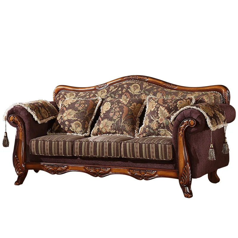 HYS European fabric sofa solid wood carving flower American small apartment living room home combination log color sofa