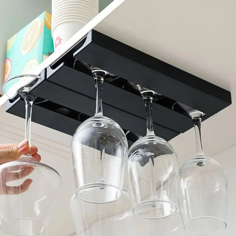 No Drill Creative Upside Down Wine Glass Rack Under Cabinet Hanging Glass Holder for Home Kitchen Bar Wine Cabinet Storage Rack